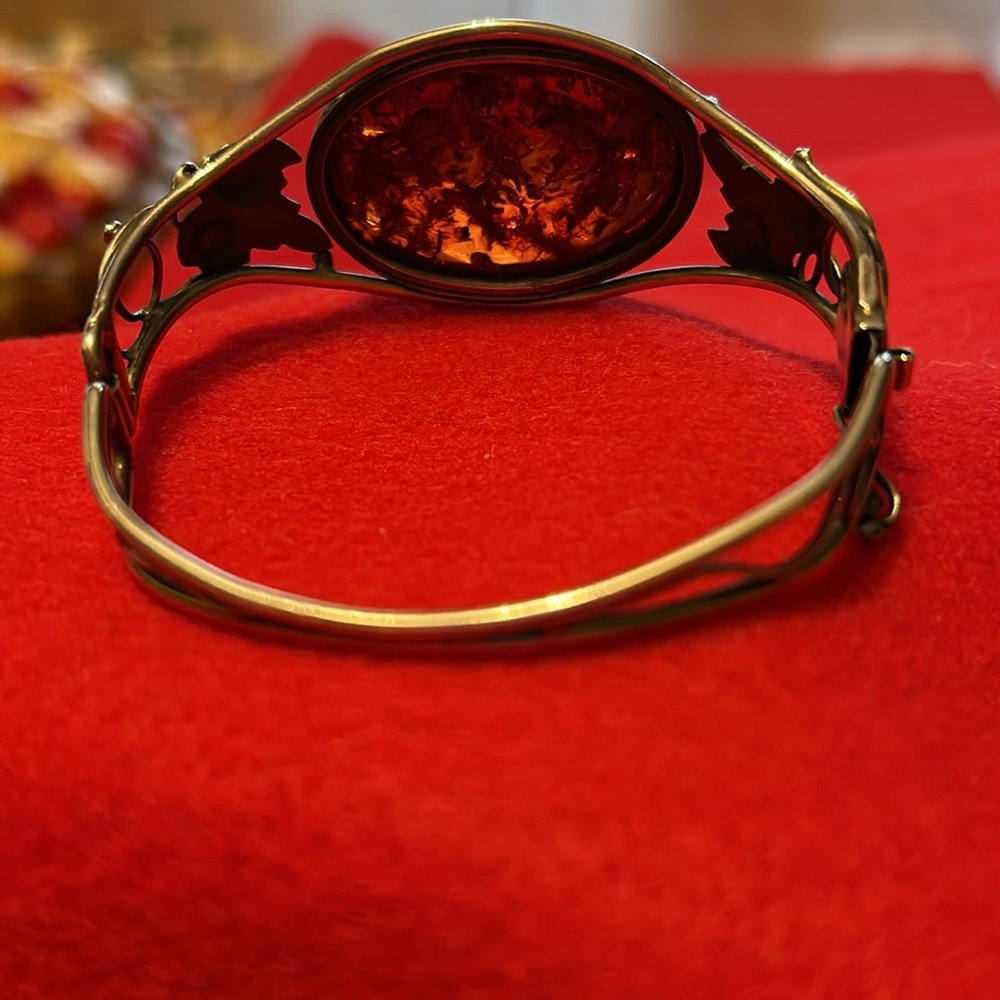 Women’s Beautiful Vintage LargeOval Baltic Orange Amber Cabochan Set SS Bracelet - Picture 5 of 9